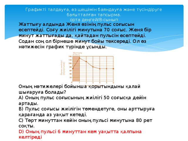 Графикті талдауға, өз шешімін баяндауға және түсіндіруге бағытталған тапсырма.  орта деңгей/8-сынып Жаттығу алдында Женя өзінің пульс соғысын есептейді. Соғу жиілігі минутына 70 соғыс. Женя бір минут жаттығады да, қайтадан пульсін есептейді. Содан соң ол бірнеше минут бойы тексереді. Ол өз нәтижесін график түрінде ұсынды. Оның нәтижелері бойынша қорытындыны қалай шығаруға болады? А) Оның пульс соғысының жиілігі 50 соғысқа дейін артады. B) Пульс соғысы жиілігін төмендетуге, оны арттыруға қарағанда аз уақыт кетеді. C) Төрт минуттан кейін оның пульсі минутына 80 рет соқты. D) Оның пульсі 6 минуттан кем уақытта қалпына келтіреді