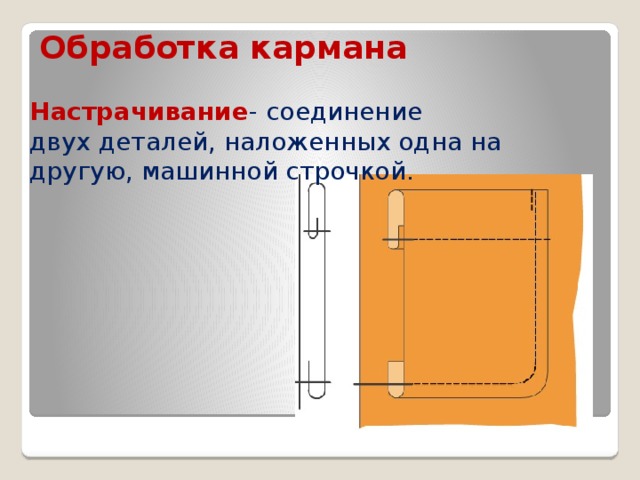 Обработка кармана фартука. Соединение двух деталей наложенных одна на другую машинной строчкой. Соединение двух деталей. Настрачивание. Настрачивание накладного кармана схема.