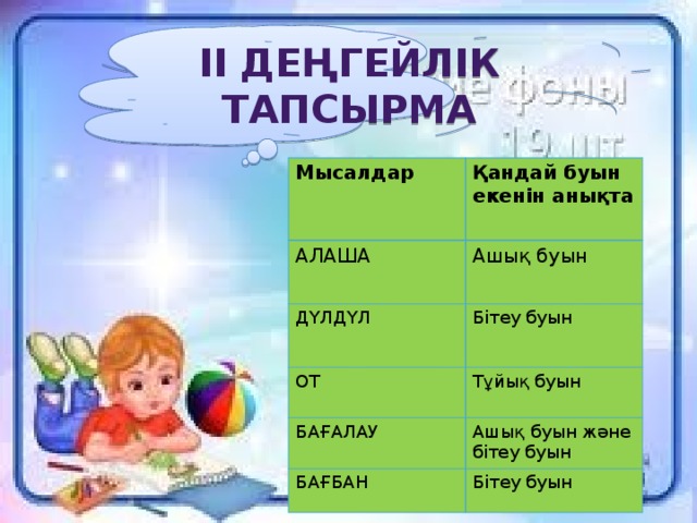 ІІ деңгейлік тапсырма Мысалдар Қандай буын екенін анықта АЛАША Ашық буын ДҮЛДҮЛ Бітеу буын ОТ Тұйық буын БАҒАЛАУ Ашық буын және бітеу буын БАҒБАН Бітеу буын