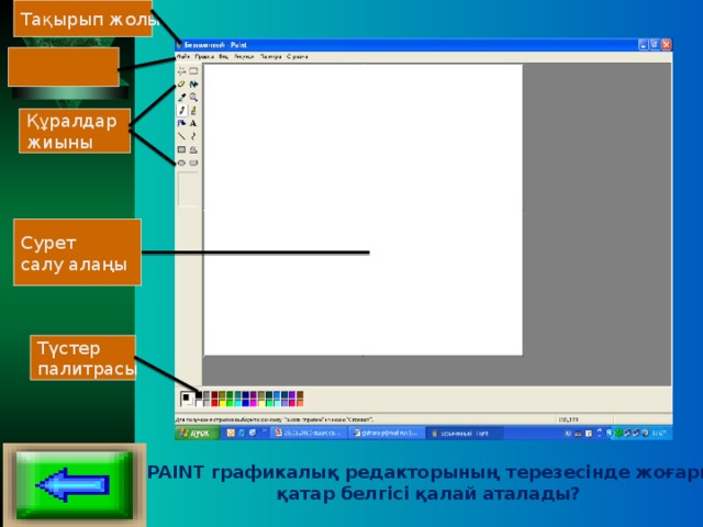 Тақырып жолы Құралдар жиыны Сурет салу алаңы Түстер палитрасы 10. PAINT графикалық редакторының терезесінде жоғарыда қатар белгісі қалай аталады?