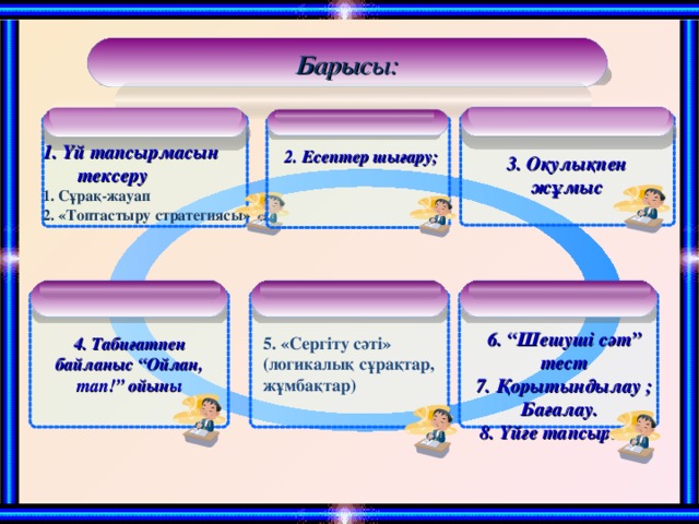 Барысы: 1. Үй тапсырмасын тексеру 1. C ұрақ - жауап 2. «Топтастыру  стратегиясы»   2 . Есептер шығару; 3 . Оқулықпен жұмыс 6 . “Шешуші сәт” тест 7. Қорытындылау ; Бағалау. 8. Үйге тапсырма;  4 . Табиғатпен байланыс “Ойлан, тап!” ойыны 5. «Сергіту сәті» (логикалық сұрақтар, жұмбақтар )