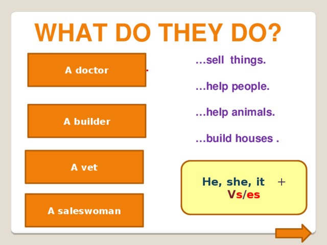 What do they do? … sell things.  … help people.  … help animals.  … build houses . A doctor A doctor helps people. A builder A builder builds houses. A vet helps animals. A vet He, she, it +  V s / es A saleswoman A saleswoman sells things.