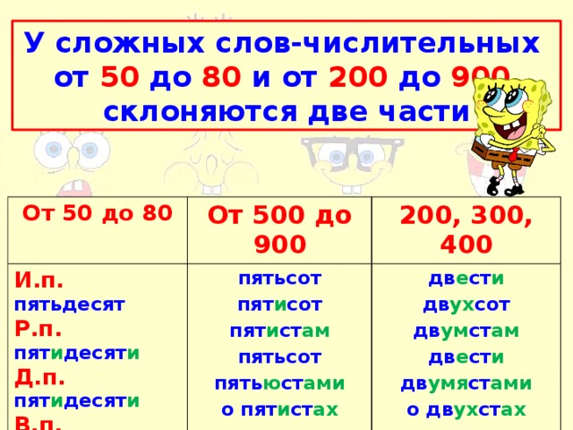 О пятистах сорока. Склонение числительных от 50 до 80. Числительные от 50 до 80 и от 200 до 900. Склонение количественных числительных от 50 до 80. Числительные от 50 до 80 склоняются.