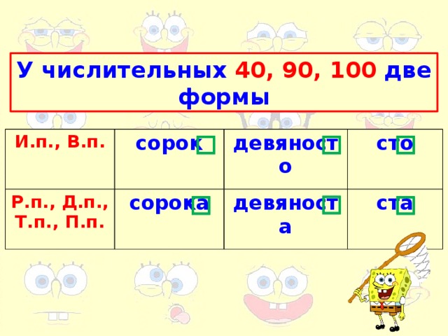 У числительных 40, 90, 100 две формы И.п., В.п. Р.п., Д.п., Т.п., П.п. сорок сорока девяносто сто девяноста ста