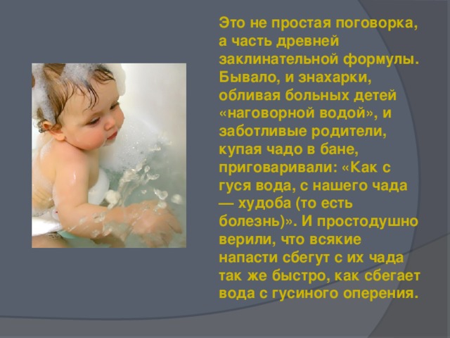 Это не простая поговорка, а часть древней заклинательной формулы. Бывало, и знахарки, обливая больных детей «наговорной водой», и заботливые родители, купая чадо в бане, приговаривали: «Как с гуся вода, с нашего чада — худоба (то есть болезнь)». И простодушно верили, что всякие напасти сбегут с их чада так же быстро, как сбегает вода с гусиного оперения.