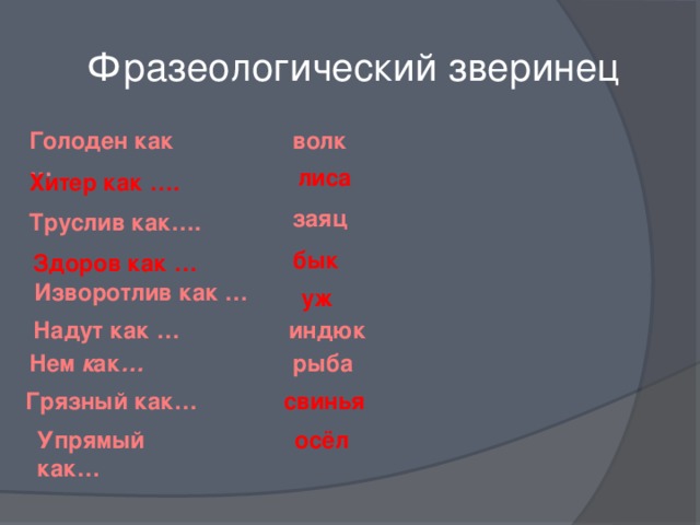 Фразеологический зверинец Голоден как … волк лиса Хитер как …. заяц Труслив как…. бык Здоров как … Изворотлив как … уж Надут как … индюк Нем к ак … рыба Грязный как… свинья Упрямый как… осёл