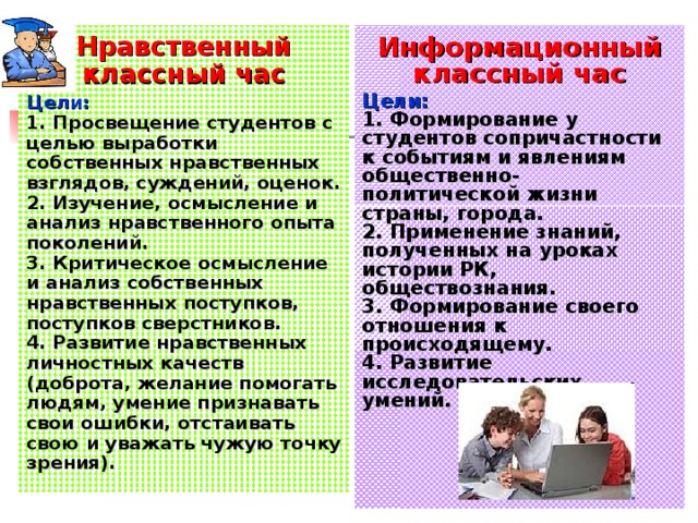 Информационный классный час Цели:  1. Формирование у студентов сопричастности к событиям и явлениям общественно-политической жизни страны, города.  2. Применение знаний, полученных на уроках истории РК, обществознания.  3. Формирование своего отношения к происходящему.  4. Развитие исследовательских умений.  Нравственный классный час Цели:  1. Просвещение студентов с целью выработки собственных нравственных взглядов, суждений, оценок.  2. Изучение, осмысление и анализ нравственного опыта поколений.  3. Критическое осмысление и анализ собственных нравственных поступков, поступков сверстников.  4. Развитие нравственных личностных качеств (доброта, желание помогать людям, умение признавать свои ошибки, отстаивать свою и уважать чужую точку зрения).