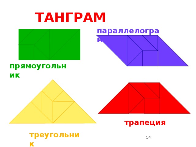 ТАНГРАМ треугольник прямоугольник Возьмите квадрат и два маленьких треугольника. Задание. Составьте из этих фигур различные новые фигуры. Какие фигуры у вас получились? Среди фигур, получившихся у вас, ещё один четырехугольник, который называют трапецией. трапеция  параллелограмм