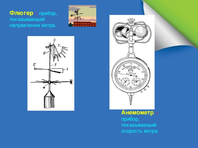 Флюгер  – прибор, показывающий направление ветра. Анемометр  – прибор, показывающий скорость ветра.