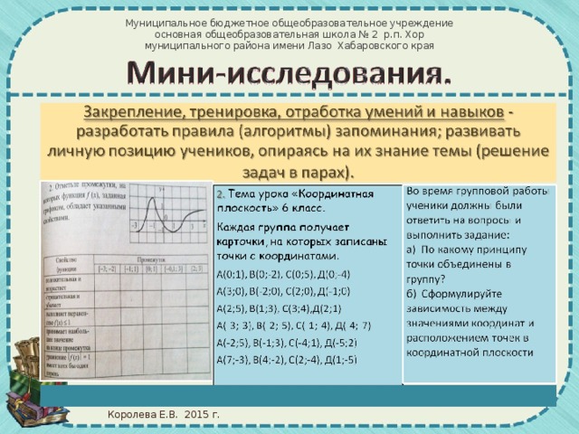 Муниципальное бюджетное общеобразовательное учреждение  основная общеобразовательная школа № 2 р.п. Хор муниципального района имени Лазо Хабаровского края Королева Е.В. 2015 г.