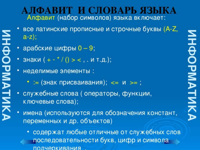 ИНФОРМАТИКА ИНФОРМАТИКА АЛФАВИТ И СЛОВАРЬ ЯЗЫКА  Алфавит  (набор символов) языка включает: