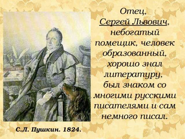 Отец, Сергей Львович , небогатый помещик, человек образованный, хорошо знал литературу, был знаком со многими русскими писателями и сам немного писал. С.Л. Пушкин. 1824.