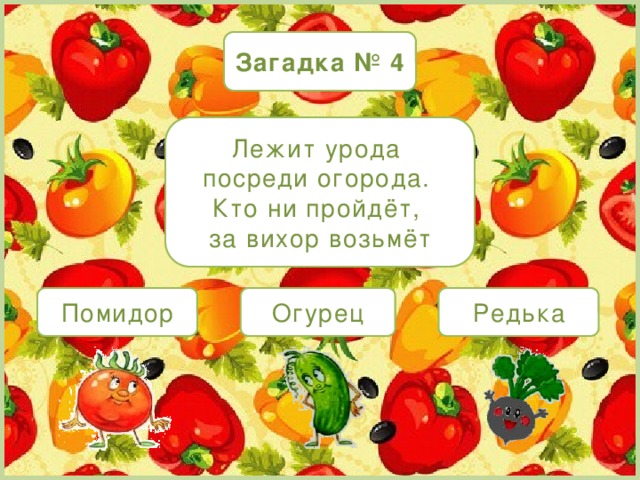 Загадка № 4 Лежит урода посреди огорода. Кто ни пройдёт, за вихор возьмёт Огурец Помидор Редька