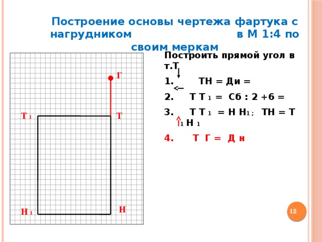 Построение основы чертежа фартука с нагрудником в М 1:4 по своим меркам Построить прямой угол в т.Т  1. ТН = Ди =  Т Т 1 = Сб : 2 +6 =  Т Т 1 = Н Н 1 ; ТН = Т 1 Н 1  Т Г = Д н Г Т 1 Т Н  Н 1