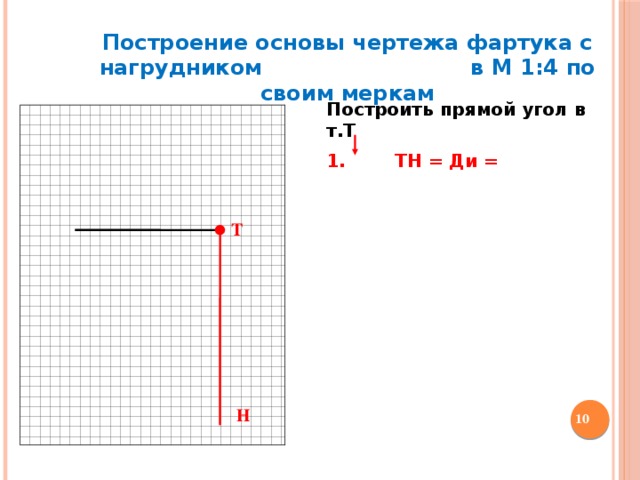 Построение основы чертежа фартука с нагрудником в М 1:4 по своим меркам Построить прямой угол в т.Т  1. ТН = Ди = Т Н