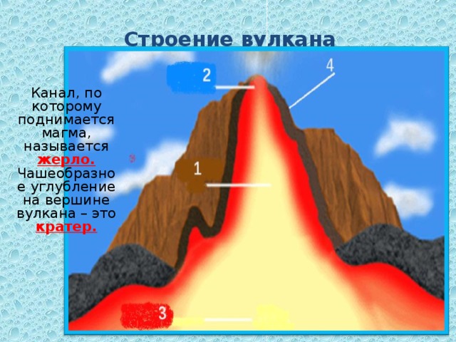 Строение вулкана Канал, по которому поднимается магма, называется жерло.  Чашеобразное углубление на вершине вулкана – это кратер.