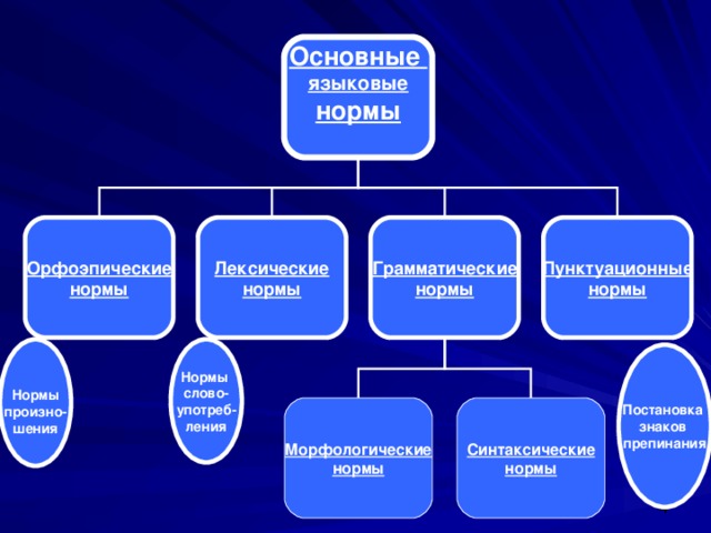 Основные языковые нормы  Орфоэпические нормы Лексические нормы Грамматические нормы Пунктуационные нормы  Нормы произно- шения Нормы слово- употреб- ления Постановка знаков препинания Морфологические нормы Синтаксические нормы