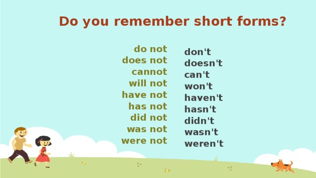 Do you remember short forms? do not don't does not doesn't cannot can't won't will not have not haven't has not hasn't didn't did not wasn't was not were not weren't
