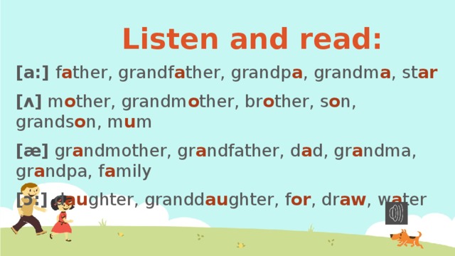 Listen and read: [a:] f a ther, grandf a ther, grandp a , grandm a , st ar  [ʌ] m o ther, grandm o ther, br o ther, s o n, grands o n, m u m [ӕ] gr a ndmother, gr a ndfather, d a d, gr a ndma, gr a ndpa, f a mily [ɔ:] d au ghter, grandd au ghter, f or , dr aw , w a ter