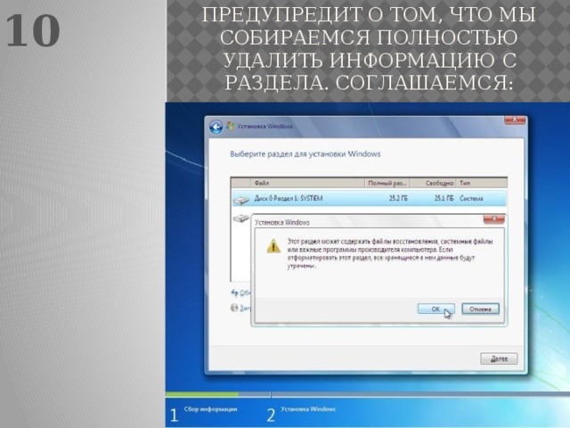 10 Естественно система нас предупредит о том, что мы собираемся полностью удалить информацию с раздела. Соглашаемся: