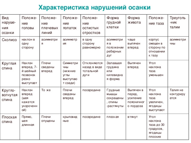 Характеристика нарушений осанки Вид наруше- ния осанки Положе- ние головы Сколиоз Круглая спина Положе- ние плечевых линий наклон в одну сторону Кругло- вогнутая спина асимметрия Наклон вперед, 7-й шейный позвонок резко выступает Положе- ние лопаток Плоская спина асимметрия Положе- ние остистых отростков Плечи сведены вперед Наклон вперед (шея кажется укороченной) То же Прямо, шея длинная Симметричны (нижние углы выступают сзади) в одну сторону равномерно Форма грудной клетки Плечи опущены Отклоняются назад в виде тотальной дуги Плечи сведены вперед Форма живота асимметрия в положении реберных дуг крыловидные посередине Запавшая грудина или килевидная форма Положе- ние таза чаще выпячен вперед посередине Выпячен вперед корпус смещен в сторону по отношении к тазу Грудные мышцы сокращены, спины -растянуты Треуголь-ник талии плоская асимметричны Выпячен в перед, усиление поясничного лордоза Угол наклона таза уменьшен Угол наклона таза увеличен, ягодицы выступают втянут Талия не контурируется Угол наклона таза до 30 градусов, ягодицы плоские