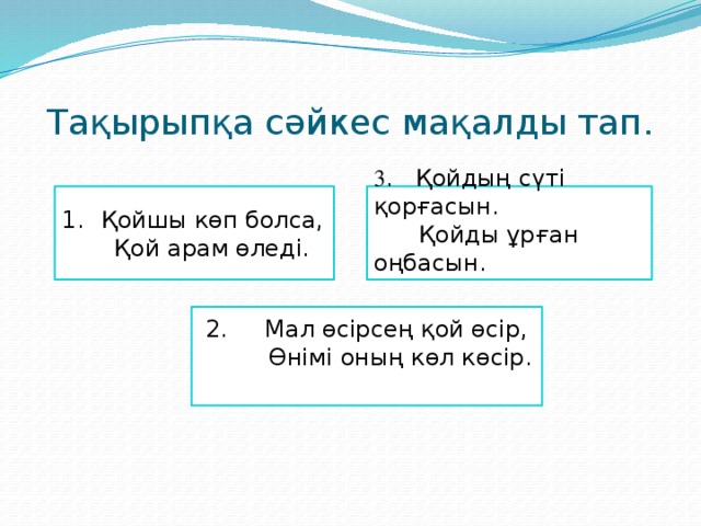 Тақырыпқа сәйкес мақалды тап. 3 . Қойдың сүті қорғасын. Қойшы көп болса,  Қойды ұрған оңбасын.  Қой арам өледі. 2. Мал өсірсең қой өсір,  Өнімі оның көл көсір.