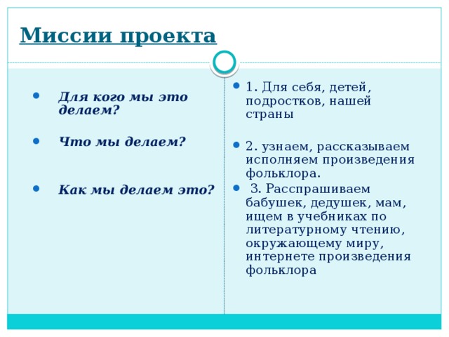 Миссии проекта  1. Для себя, детей, подростков, нашей страны 2. узнаем, рассказываем исполняем произведения фольклора.  3. Расспрашиваем бабушек, дедушек, мам, ищем в учебниках по литературному чтению, окружающему миру, интернете произведения фольклора Для кого мы это делаем?  Что мы делаем?