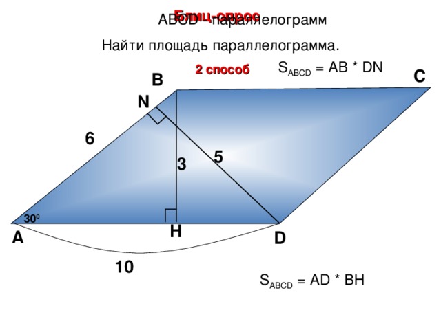 Блиц-опрос А BCD - параллелограмм Найти площадь параллелограмма. S ABCD = А B * DN 2 способ С В N 6 5 3 30 0 Н.Ф. Гаврилова «Поурочные разработки по геометрии: 8 класс» H А D 10 S ABCD = А D * BH 28