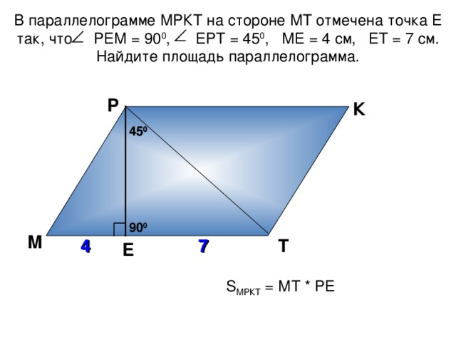 В параллелограмме МРКТ на стороне МТ  отмечена точка Е так, что РЕМ = 9 0 0 ,  ЕРТ = 45 0 , МЕ = 4 см, ЕТ = 7 см. Найдите площадь параллелограмма. Р К 45 0 45 0 90 0 Б.Г. Зив, В.М. Мейлер «Дидактические материалы по геометрии для 8 класса» М 7 7 Т 4 Е S МРКТ = МТ * РЕ  30