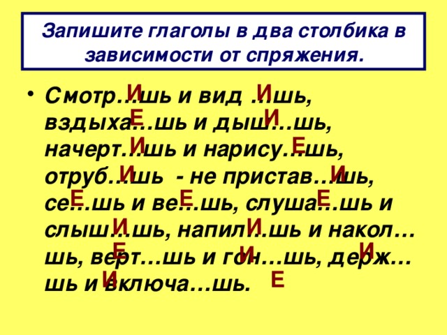 Напиши глаголы в два столбика по спряжениям рисовать слышать отвечать ответить