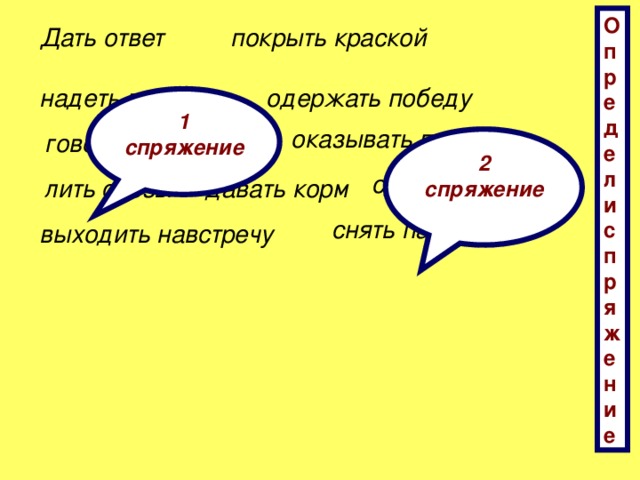 Определи спряжение Дать ответ покрыть краской надеть пальто одержать победу 1 спряжение оказывать помощь говорить неправду 2 спряжение сделать проверку давать корм лить слёзы снять пальто выходить навстречу