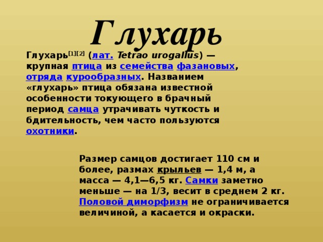 Глухарь Глухарь [1][2] ( лат.   Tetrao urogallus ) — крупная птица из семейства  фазановых , отряда  курообразных . Названием «глухарь» птица обязана известной особенности токующего в брачный период самца утрачивать чуткость и бдительность, чем часто пользуются охотники . Размер самцов достигает 110 см и более, размах крыльев  — 1,4 м, а масса — 4,1—6,5 кг. Самки заметно меньше — на 1/3, весит в среднем 2 кг. Половой диморфизм не ограничивается величиной, а касается и окраски.