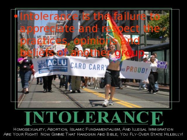 Intolerance is the failure to appreciate and respect the practices, opinions and beliefs of another group .