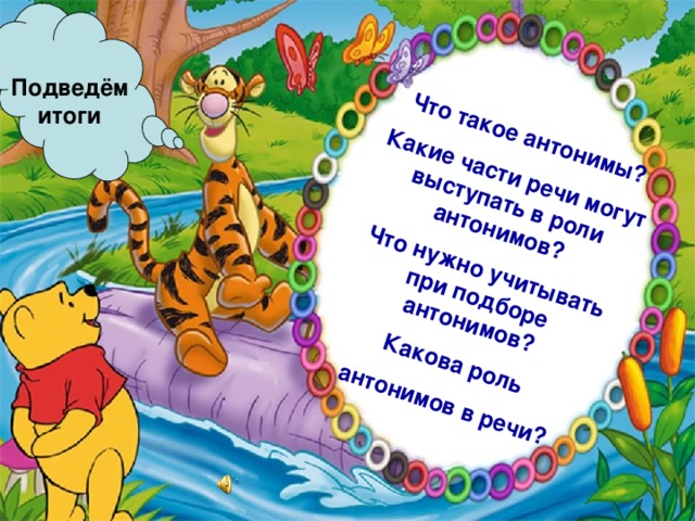 Что такое антонимы? Какие части речи могут выступать в роли антонимов? Что нужно учитывать при подборе антонимов? Какова роль антонимов в речи? Подведём итоги