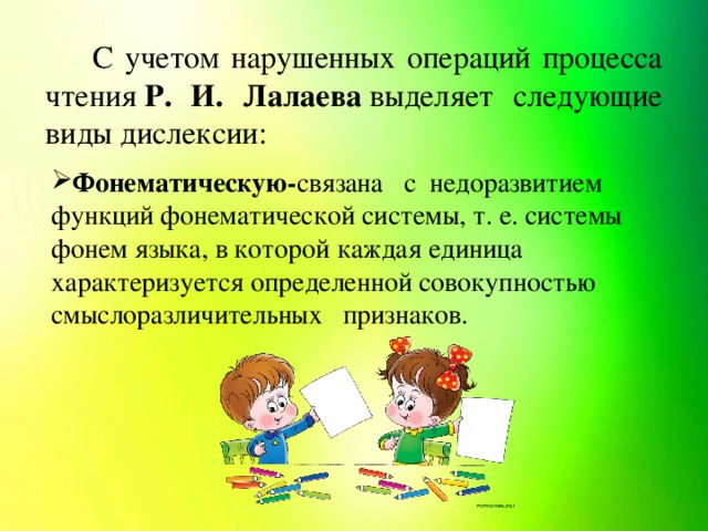 С учетом нарушенных операций процесса чтения  Р. И. Лалаева  выделяет следующие виды дислексии: