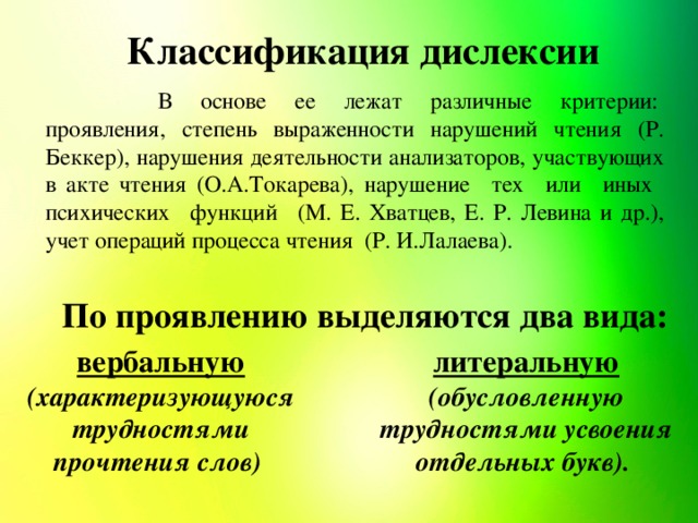 Классификация дислексии В основе ее лежат различные критерии:  проявления, степень выраженности нарушений чтения (Р. Беккер), нарушения деятельности анализаторов, участвующих в акте чтения (О.А.Токарева), нарушение   тех   или   иных   психических   функций   (М. Е. Хватцев, Е. Р. Левина и др.), учет операций процесса чтения  (Р. И.Лалаева). По проявлению выделяются два вида: вербальную (характеризующуюся трудностями прочтения слов) литеральную (обусловленную трудностями усвоения отдельных букв).