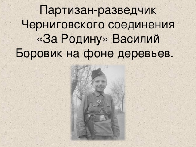 Партизан-разведчик Черниговского соединения «За Родину» Василий Боровик на фоне деревьев.   
