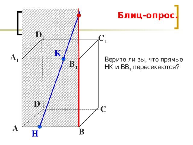 Блиц-опрос. D 1 С 1 K Верите ли вы, что прямые НК и ВВ 1 пересекаются? А 1 B 1 D С А В H