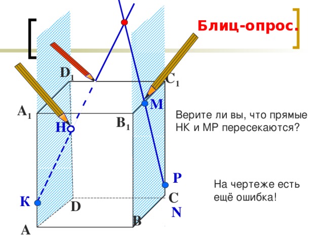 Блиц-опрос. D 1 С 1 М Верите ли вы, что прямые НК и МР пересекаются? А 1 B 1 Н Р На чертеже есть ещё ошибка! С К D N В А