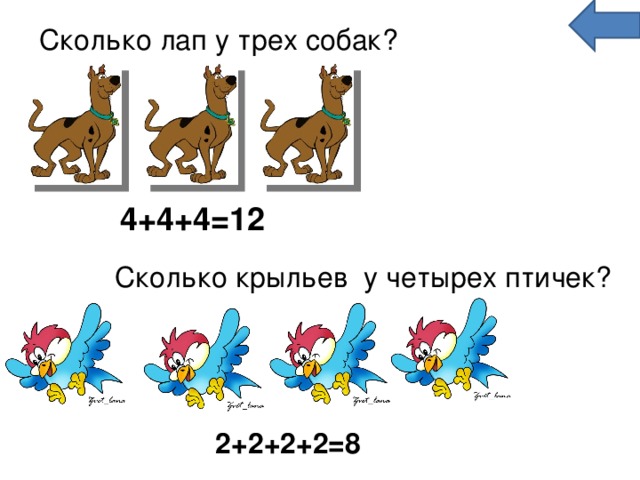   Сколько лап у трех собак? 4+4+4=12 Сколько крыльев у четырех птичек? 2+2+2+2=8