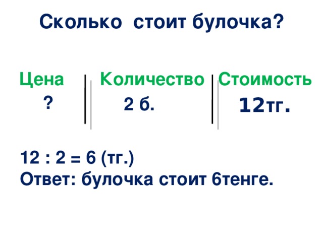 Сколько стоит булочка? Цена Количество Стоимость  ? 2 б. 12 тг . 12 : 2 = 6 (тг.) Ответ: булочка стоит 6тенге.