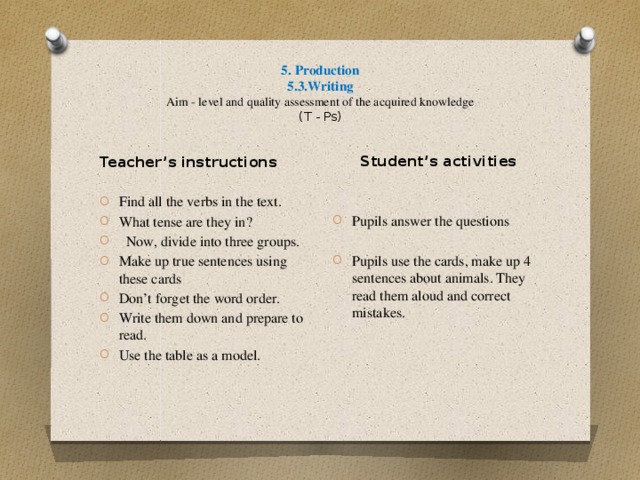 5. Production  5.3.Writing  Aim - level and quality assessment of the acquired knowledge  (T - Ps)   Student’s activities Pupils answer the questions Pupils use the cards, make up 4 sentences about animals. They read them aloud and correct mistakes. Teacher’s instructions