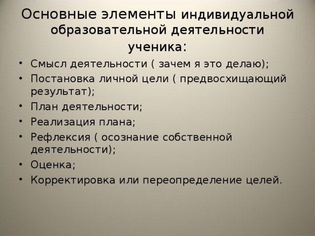 Основные элементы индивидуальной образовательной деятельности ученика :
