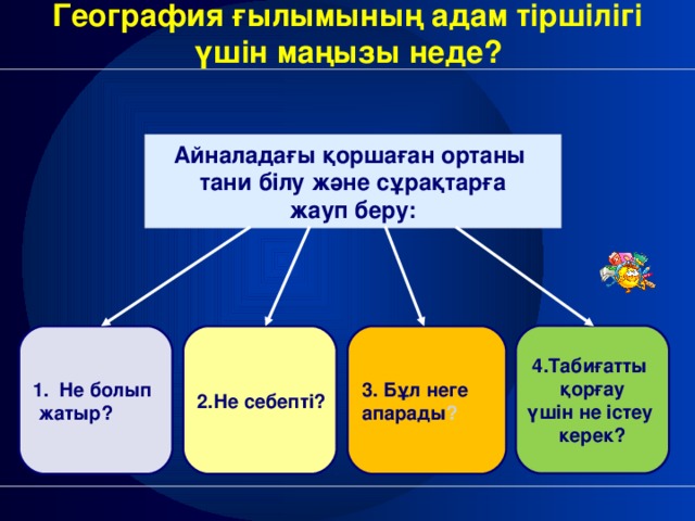 География ғылымының адам тіршілігі  үшін маңызы неде? Айналадағы қоршаған ортаны тани білу және сұрақтарға жауп беру: 4 .Табиғатты қорғау үшін не істеу керек? Не болып 2.Не себепті? 3. Бұл неге апарады ?  жатыр?