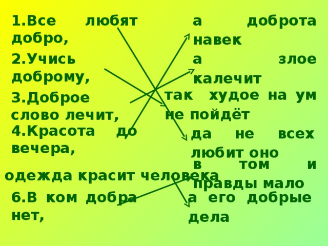 а доброта навек  1.Все любят добро, а злое калечит  2.Учись доброму, так худое на ум не пойдёт  3.Доброе слово лечит, 4.Красота до вечера, да не всех любит оно  в том и правды мало  5.Не одежда красит человека а его добрые дела  6.В ком добра нет,