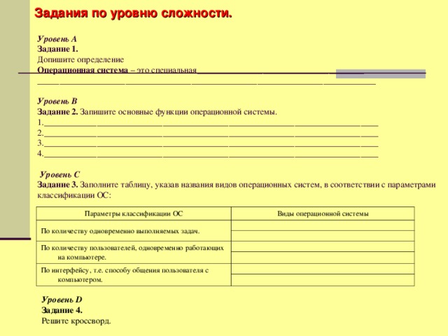 Задания по уровню сложности. Уровень А  Задание 1.  Допишите определение  Операционная система – это специальная______________________________________ _____________________________________________________________________________   Уровень В  Задание 2. Запишите основные функции операционной системы.  1.____________________________________________________________________________ 2.____________________________________________________________________________ 3.____________________________________________________________________________  4.____________________________________________________________________________   Уровень С  Задание 3. Заполните таблицу, указав названия видов операционных систем, в соответствии с параметрами классификации ОС:   Параметры классификации ОС По количеству одновременно выполняемых задач. Виды операционной системы По количеству пользователей, одновременно работающих на компьютере. По интерфейсу, т.е. способу общения пользователя с компьютером. Уровень D Задание 4 .  Решите кроссворд.