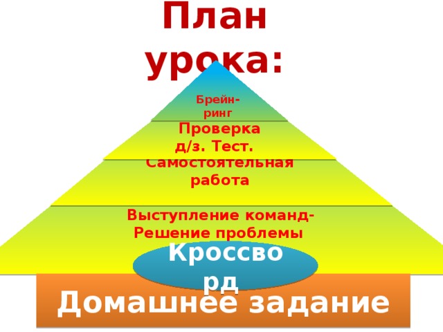 План урока: Брейн-ринг Самостоятельная работа Проверка д/з. Тест. Выступление команд- Решение проблемы Кроссворд Домашнее задание