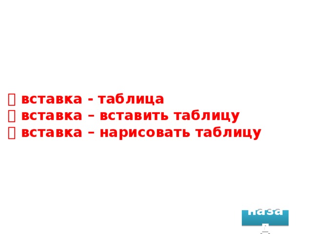  вставка - таблица   вставка – вставить таблицу   вставка – нарисовать таблицу назад