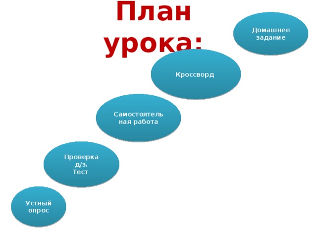 План урока: Домашнее задание Кроссворд Самостоятельная работа Проверка д/з. Тест Устный опрос