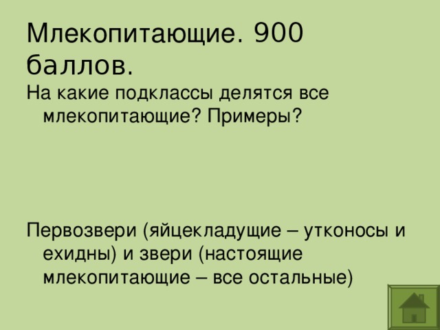 Млекопитающие На какие подклассы делятся все млекопитающие? Примеры? Первозвери (яйцекладущие – утконосы и ехидны) и звери (настоящие млекопитающие – все остальные)